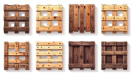 A collection of eight stylized, top-down views of wooden pallets. Each varies in construction and color, suggesting different wood types and weathering