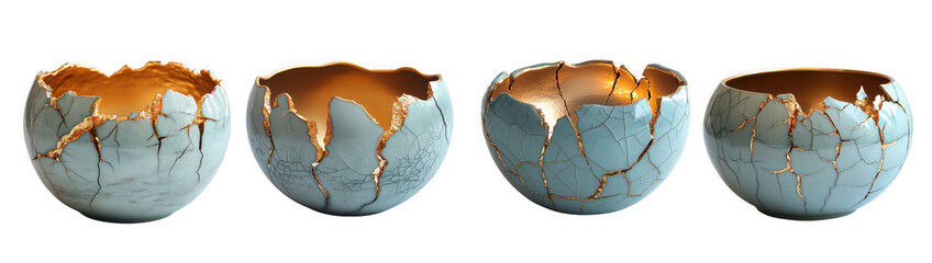 Four decorative blue ceramic bowls with golden interior, isolated on transparent background