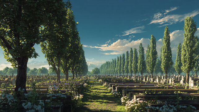 Sunny Cemetery Avenue with Gravestones and Trees