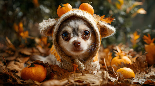 Cute zombie pets celebrating Halloween by wearing tiny costumes and enjoying spooky snacks under autumn leaves 