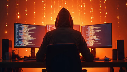 Fototapeta premium Person in hoodie types code on multiple monitors. Cybercriminal works late at night in dark room. Anonymous person hacks computer system with glowing screens. Online threat, data breach.