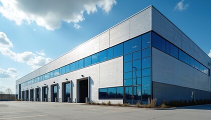 Fototapeta premium Modern warehouse building with corrugated metal siding and blue glass windows. Multiple loading bay doors line facade. Paved parking lot extends before structure under partly cloudy blue sky.