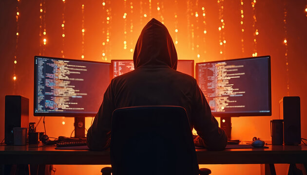 Person in hoodie types code on multiple monitors. Cybercriminal works late at night in dark room. Anonymous person hacks computer system with glowing screens. Online threat, data breach.