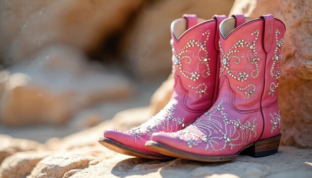Pink cowboy boots adorned with rhinestones sit on outdoor rocks. These ornate leather boots feature sparkling embellishments and a Western style design. A fashion accessory perfect for photoshoots.