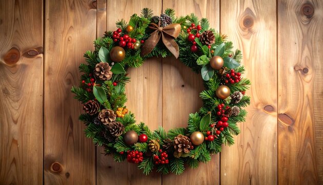 A festive wreath with pinecones, berries, and ornaments hangs on a wooden plank background, evoking holiday cheer - Powered by Adobe