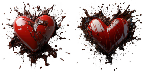 Two red hearts covered in dark chocolate splash isolated on transparent background