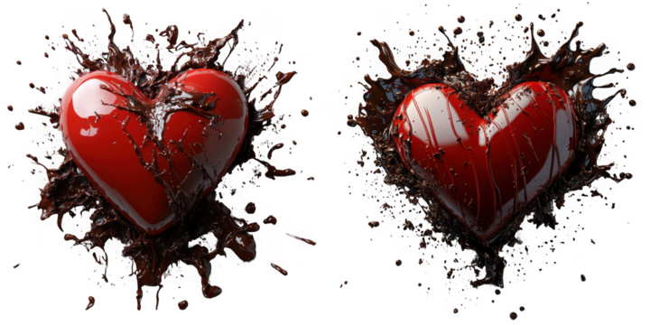 Two red hearts covered in dark chocolate splash isolated on transparent background
