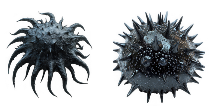 Two spiky black seed pods isolated on transparent background