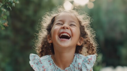 A joyful little girl laughs outdoors.