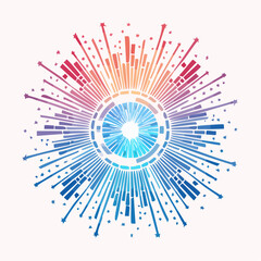 Abstract radial design featuring a central eye-like element with radiating lines and color gradient from red to blue.
