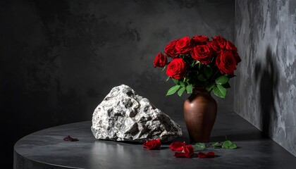A dramatic still life features a bouquet of vibrant red roses in a terracotta vase, a textured rock, and scattered petals