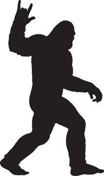 Bigfoot silhouette making rock on hand gesture while walking in black vector for humor, folklore, and pop culture themes
