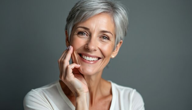 Mature woman smiles gently, touching her cheek in a studio portrait. She has short gray hair and looks radiant and content, advertising healthy aging and beauty.