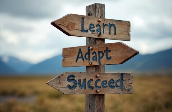 Wooden signpost shows directions learn adapt succeed in nature. Three signs point towards personal growth development. Cloudy sky, mountains visible afar. Sign with motivation words in outdoors place.