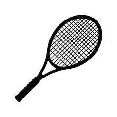 A black silhouette of a tennis racket displayed on a white background, tennis racket silhouette vector illustration