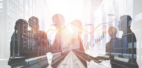 Professionals collaborate in a modern cityscape, analyzing business data and trends as silhouettes against a vibrant sunset backdrop. Ideal for finance and teamwork themes. Scalp