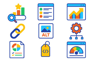 SEO Tools Icons. Flat vector icons of blog SEO tools: search ranking, keyword list, traffic graph, link building, alt text icon,