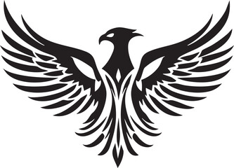 Fototapeta premium Phoenix silhouette with spread wings and intricate feathers in black and white vector for myth, rebirth, and fantasy themes