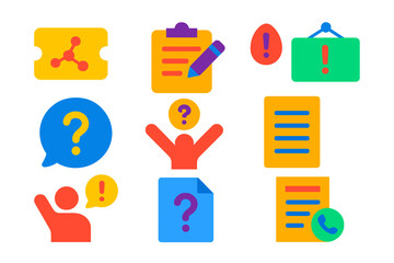 Help Icons Collection. Flat vector icons of help requests: submit help ticket, help form icon, need assistance sign, help request