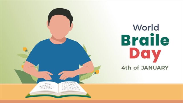 World Braille Day animation of a man reading a book With Gradient background.