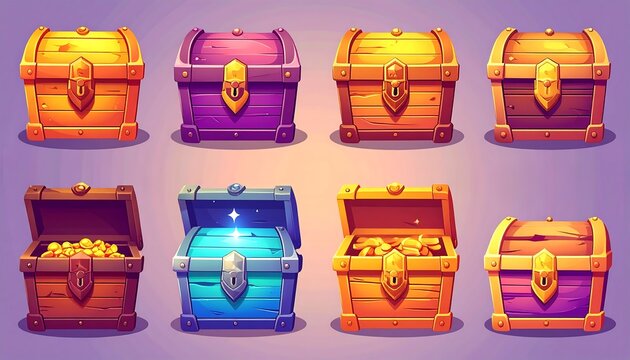A collection of eight vibrant, cartoon-style treasure chests. Some are open with gold coins, while others remain closed
