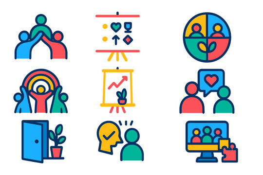 Workplace Culture Icons. Flat vector icons of workplace culture: teamwork icon, corporate values board, diversity badge, inclusive