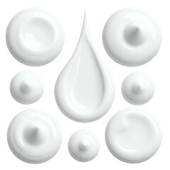 Close-up of white cosmetic cream swirls, droplets, and dollops on a black background