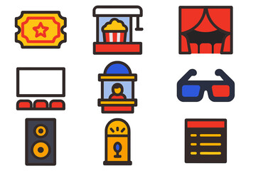 Movie Theater Icons. Flat vector icons of movie theaters: cinema ticket, popcorn machine, theater curtain, film screen, ticket