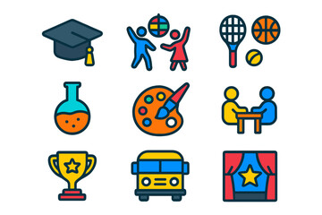 Vibrant School Event Icons. Flat vector icons of school events: graduation cap, school dance, sports day, science fair, art