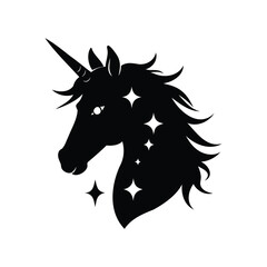 Stylized Unicorn Profile Silhouette with Shining Star Details on a White Background, unicorn face with sparkles silhouette vector illustration
