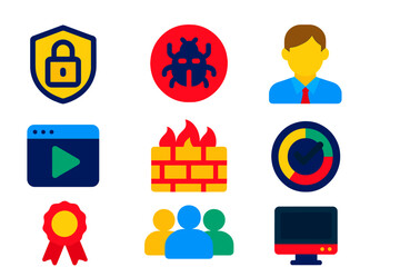 Cybersecurity Course Icons. Flat vector icons of cybersecurity courses: lock and shield icon, malware virus symbol, instructor