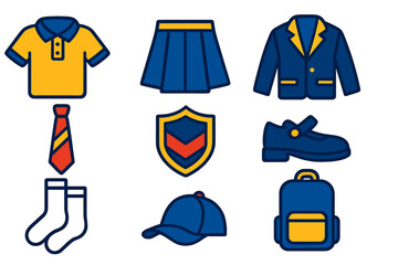 School Uniform Icons. Flat vector icons of school uniforms: polo shirt, pleated skirt, blazer, tie, school crest badge, school