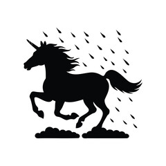 Silhouette of galloping unicorn under rain showers, standing on cloudy ground, unicorn running in the rain silhouette vector illustration