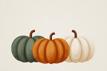 Three pumpkins in earthy autumn colors on textured beige background with copy space, minimal seasonal illustration for Thanksgiving, fall decor, banner, template, greeting card, rustic holiday design