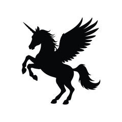 Majestic silhouette of a rearing winged unicorn on a white background, unicorn with wings spread silhouette vector illustration