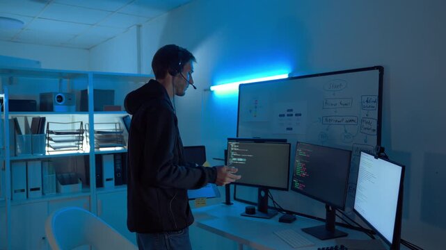 IT support specialist wearing headset assisting remote clients in dark office, representing communication, reliability, and expertise in modern digital service and technology support.