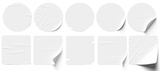 Blank Paper Sticker Set — Round and Square Adhesive Label Mockups Isolated on Transparent Background