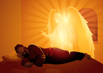 Angel Appears to Saint Joseph in a Dream, Biblical Vector Illustration, Christian Faith Artwork