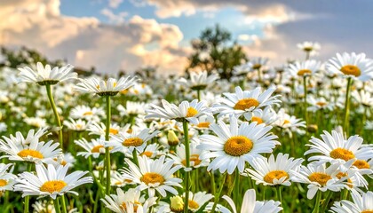A field brimming with daisies basks in sunlight. Fluffy clouds dot the sky, enhancing the vibrancy of the yellow and white petals. Green stalks