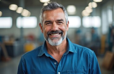 Obraz premium Middle aged man in blue shirt smiles. Confident male with gray beard poses in workshop. Pro engineer at workplace. Happy man smiling with a positive attitude.