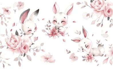 Obraz premium A set of watercolor illustrations depicting cute rabbits amidst pink flowers