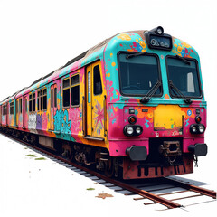 Obraz premium Colorful train adorned with graffiti art and abstract designs. Vibrant urban street art covers the entire train carriage, showcasing expressive tags and bold patterns.