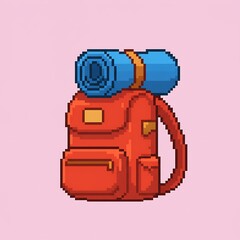 A pixel art illustration of a camping backpack with a sleeping bag strapped to the top. The object is drawn in an 8-bit or 16-bit game style and has a white outline.