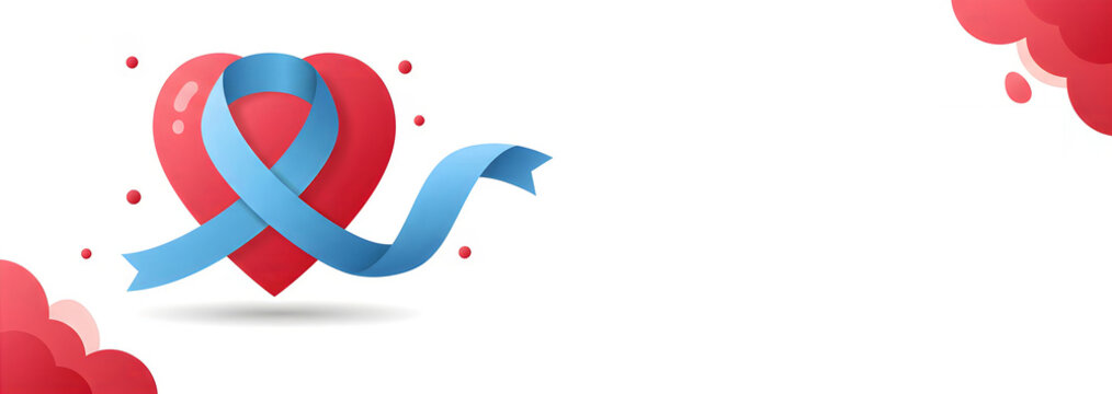 Red heart with light blue ribbon for organ donation awareness. Symbol for medical care, health, disease protection, or charity. Banner with copy space