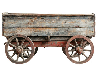 Obraz premium Aged wooden wagon with weathered planks and spoked wheels on a black backdrop