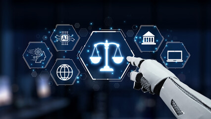 This image showcases a robotic hand pointing at digital legal icons, blending technology with concepts of justice and law, illustrating the future of legal interactions. Synapse
