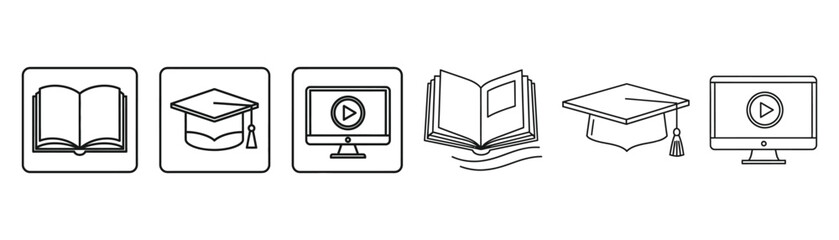 Vector art of online education concept featuring book, graduation cap, and computer icons representing learning, knowledge, and digital education transparent background