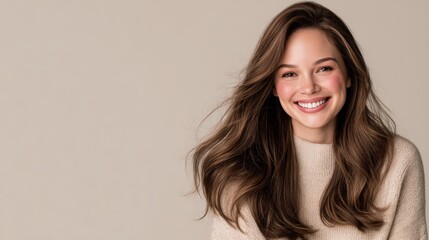 Naklejka premium Young woman with long brown hair smiles warmly in a beige sweater.