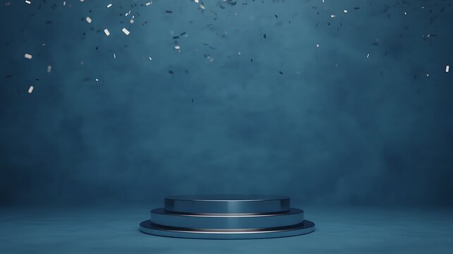 Empty Circular Podium with Falling Confetti Against a Smoky Blue Background stage platform