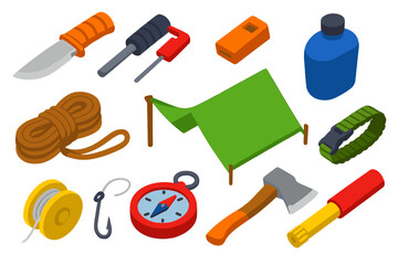 Outdoor Survival Gear. Isometric vector illustration set Outdoor Survival: survival knife, fire starter, emergency whistle, rope,